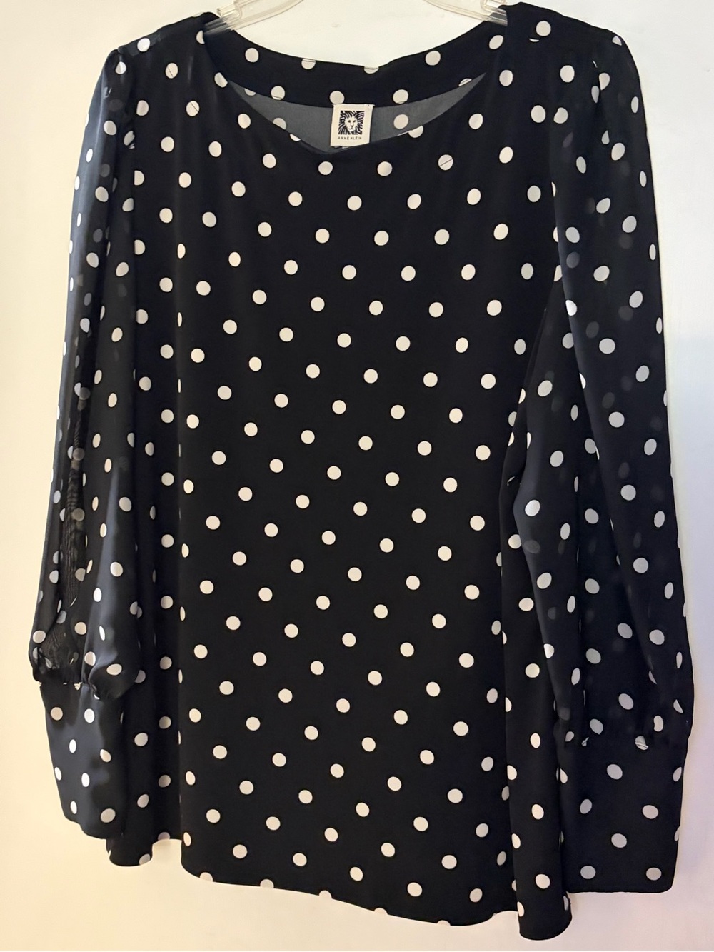 Anne Klein Black and White Polka Dot Long Sleeve Blouse